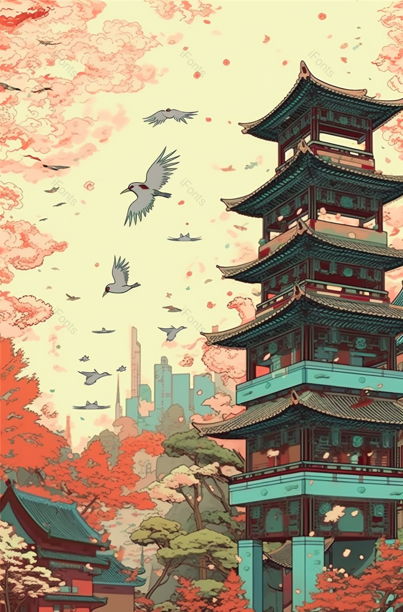 手绘红色渐变国潮风古代楼阁插画,插画/手绘图,插画/手绘图库,插画/手绘图下载,插画/手绘